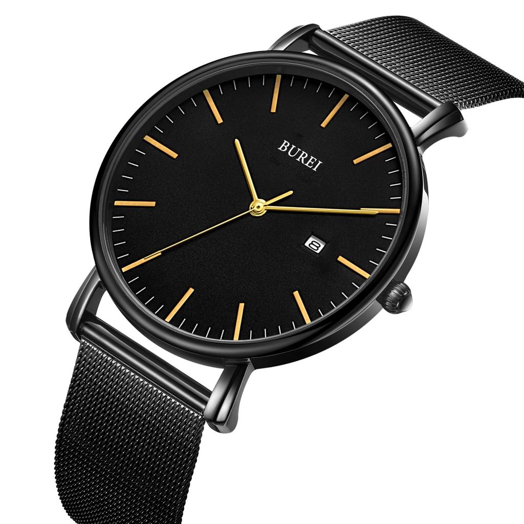 BUREI Men's Analog Quartz Watch with Date Display, Waterproof, Popular, Simple, Stylish, Milanese Mesh Strap, Perfect for Commuting (Gold, Black, Stai