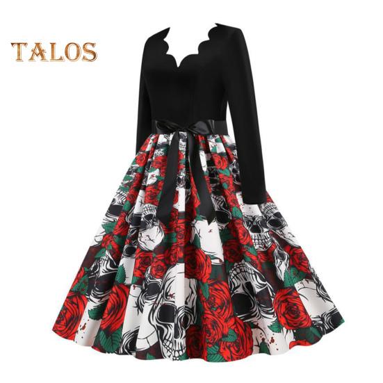 Damen Halloween Kleid A-Linie Big Swing Totenkopf Print Schnürung Schleife Gürtel Gewellter V-Ausschnitt Patchwork Plissee Lange Ärmel Party Karnevalskleid