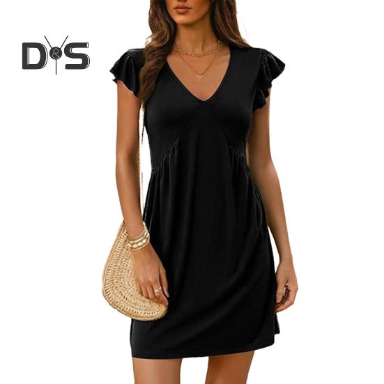 

Женское летнее платье без рукавов с рукавами в виде листьев лотоса, мини-платье с глубоким V-образным вырезом, повседневный пляжный сарафан для отдыха XL чёрный