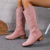 Women's Retro Embroidered V-Cut Martin Boots, Brown Chunky Heel Mid-Calf Cowboy Boots, Western Style Fall Winter Shoes