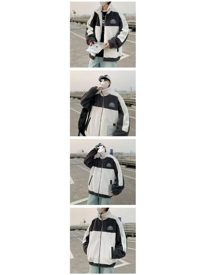 2024 Herren Trendige Lammwoll-Fleecejacke: Lockerer Stehkragen Colorblock Baumwollwattierter Mantel