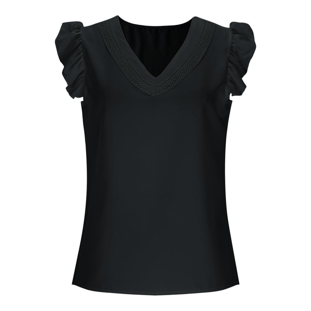 Damenmode Spitzenbesatz Patchwork Locker geschnittenes Tanktop mit kurzen Ärmeln Lässige Bluse