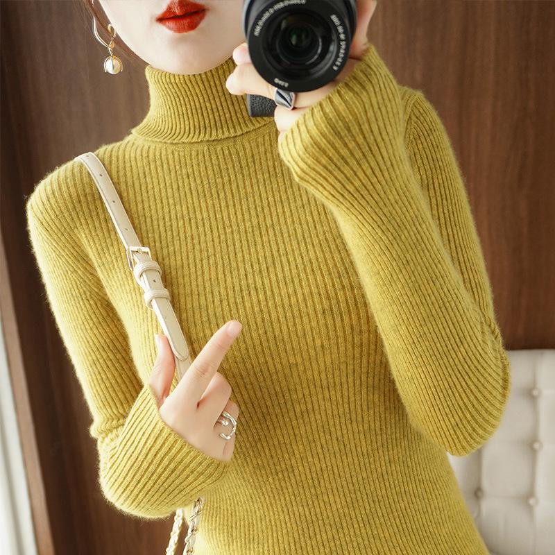 Women's Solid Color High Collar Long Sleeve Slim Fit Knit Sweater - Short & Warm for Autumn/Winter