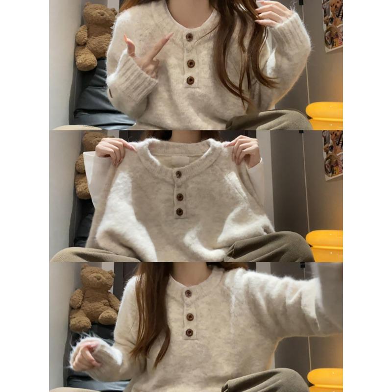 Plush button-up Henry collar knitted top women's autumn and winter temperament soft waxy shoulder sleeves loose sweater bottoming shirt