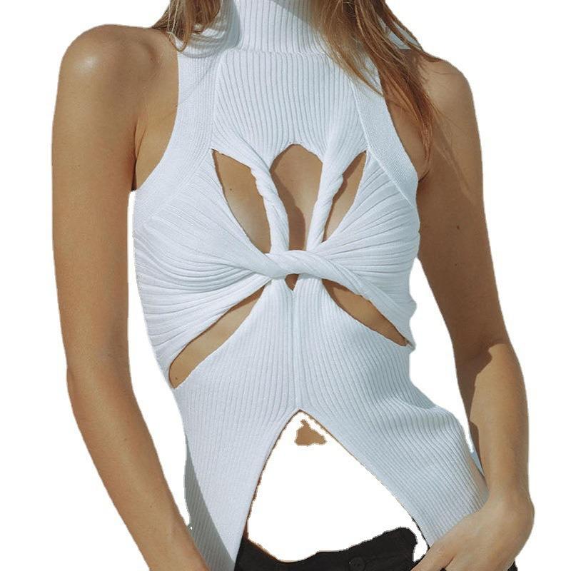 Ärmellose, ausgehöhlte Strickweste mit KnotenModisches Crop-Top mit halbhohem Kragen