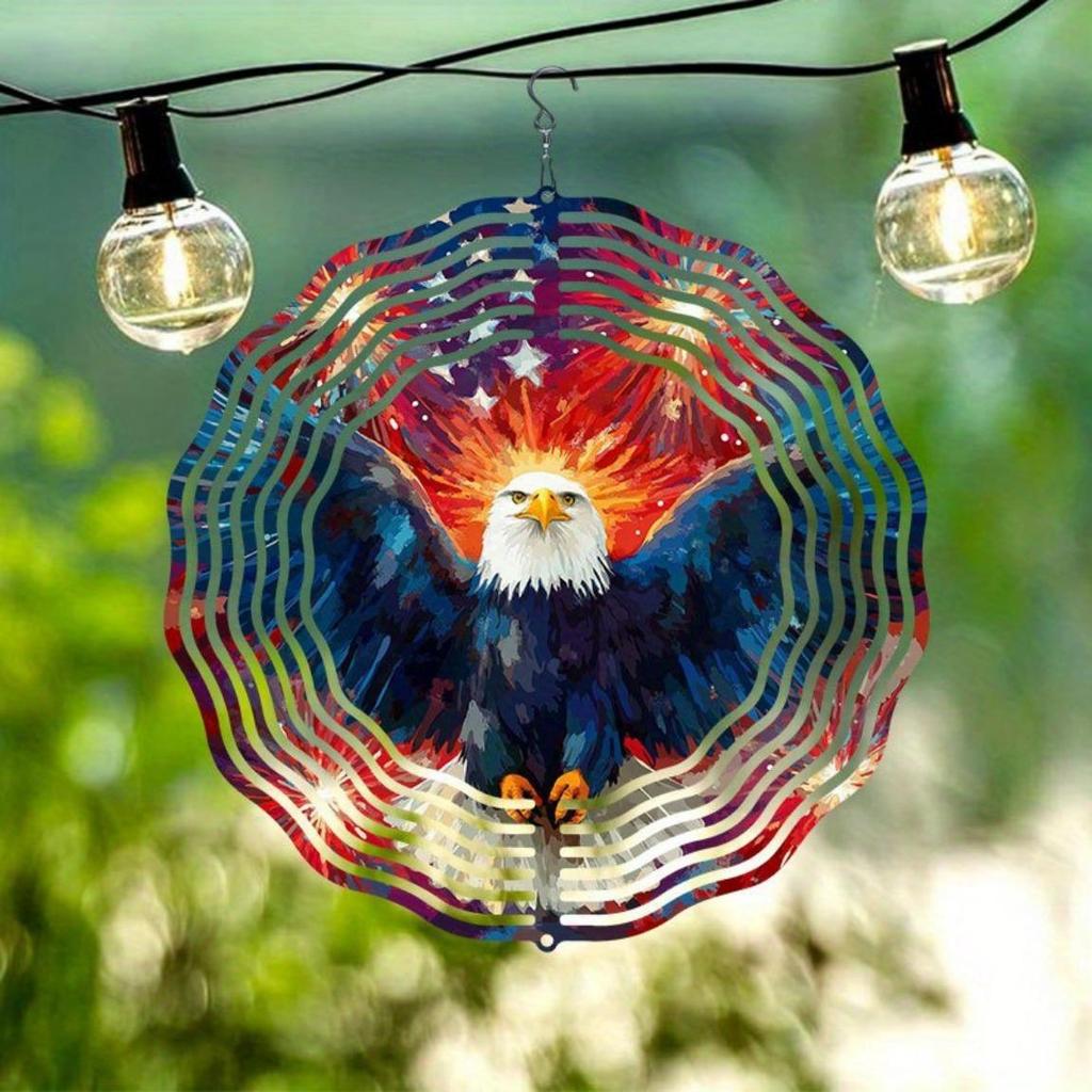 2D Patriotic Eagle Wind Chime Kinetic Metal Art for Outdoor Decor Rotating Hook Colorful Reflective Garden Ornament Unique Gift Idea