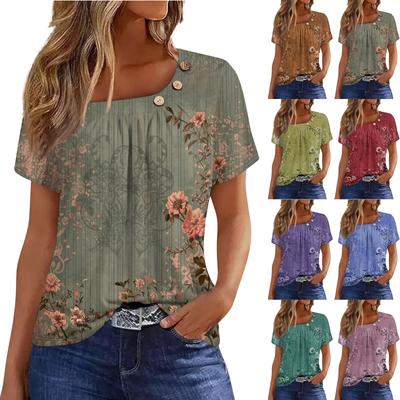 Women's Casual Retro Printed Button Round Neck Short Sleeved T-shirt Top
