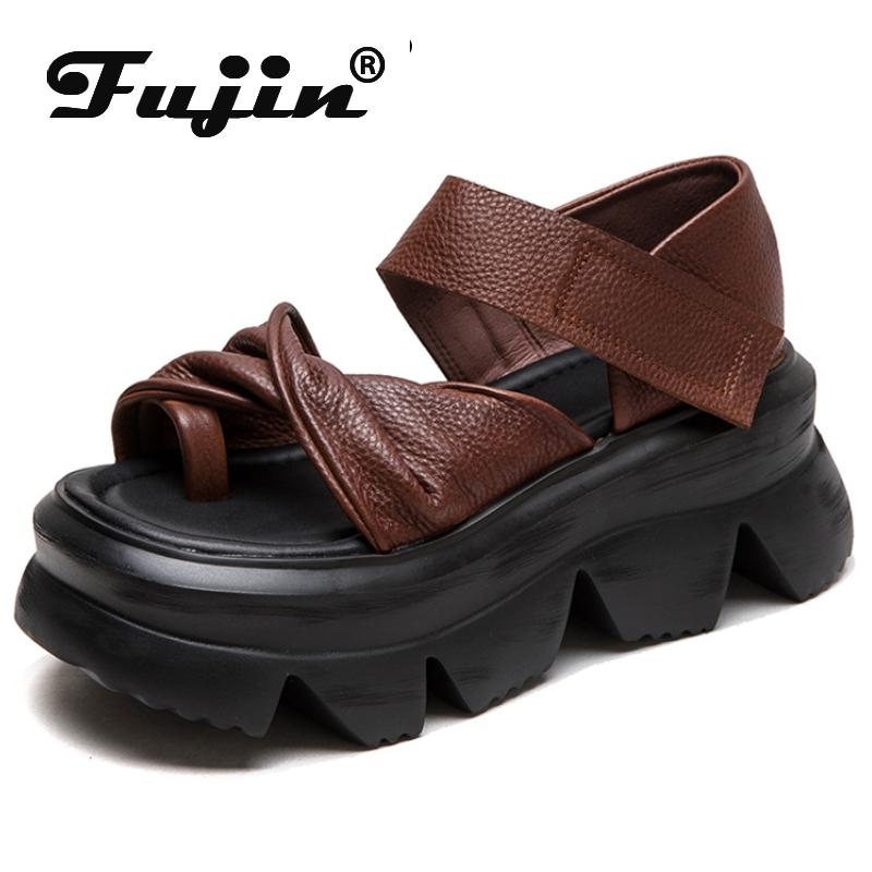 

Fujin 6,5 см из коровьей кожи с крючком, летняя платформа на танкетке, Римская обувь Мэри Джейн, сандалии на флипах, женские мокасины с застежкой на носок, британские мокасины 34 чёрный