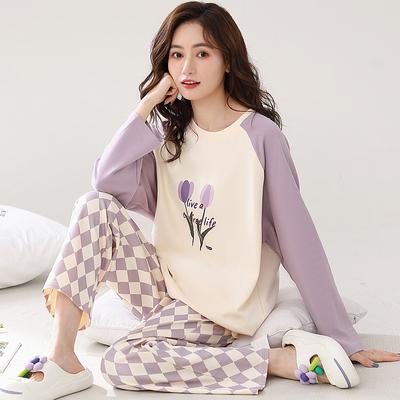 Pure Cotton Pajamas Women'S Round Neck Pullover Long-Sleeved Loungewear Cotton Girl Two-Piece Set
