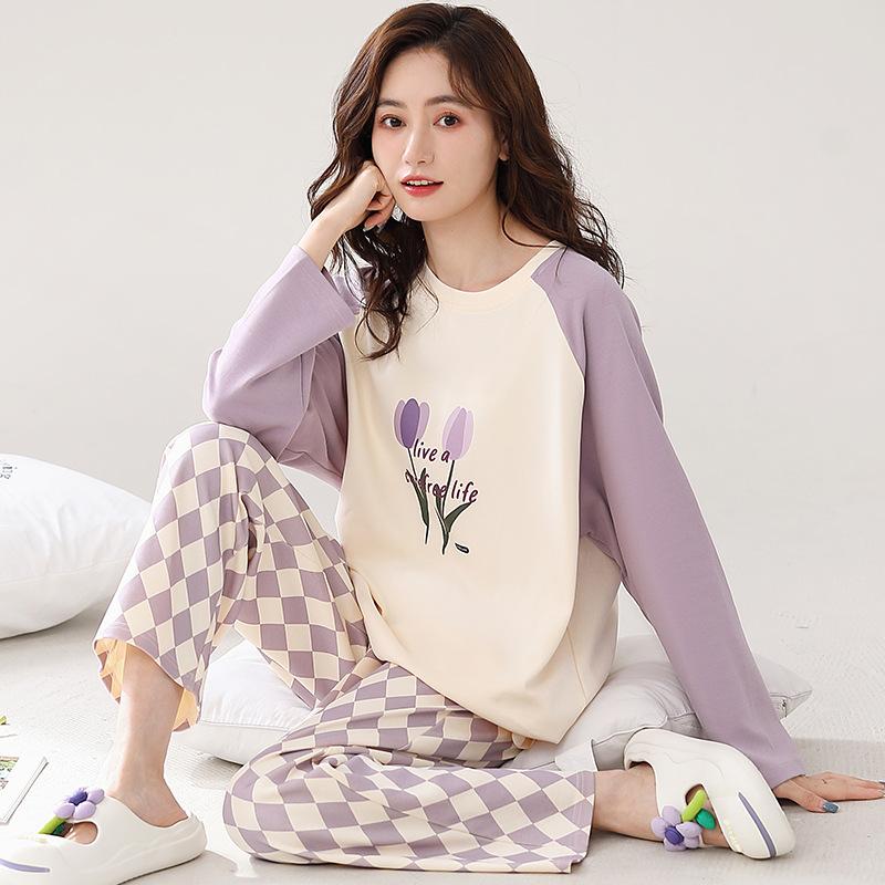 Pajamas Women'S Pure Cotton Long-Sleeved Cotton Cute Loungewear Set Can Be Worn Outside