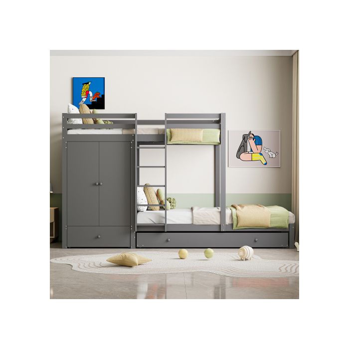 Pat supraetajat din lemn masiv - MUVOE - 90x200 - Pat extensibil - Dulap integrat - Sertare de depozitare