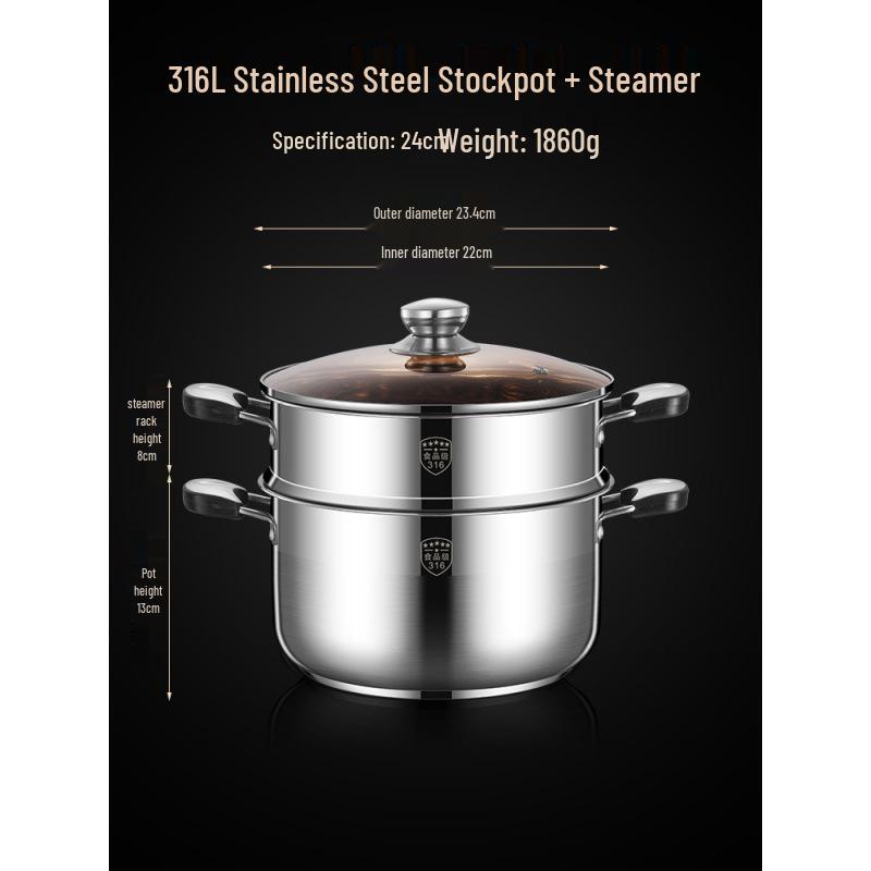 2025 Three-Layer 316 Stainless Steel Steamer & Soup Pot for Induction & Gas Stoves