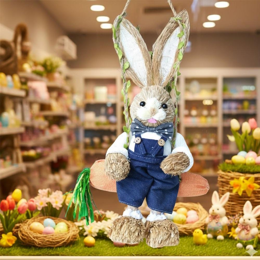 Easter Bunny On Swing Handmade Woven Grass Rabbit Creative Figurine Home Decor Hanging Ornament Forest Theme Gift