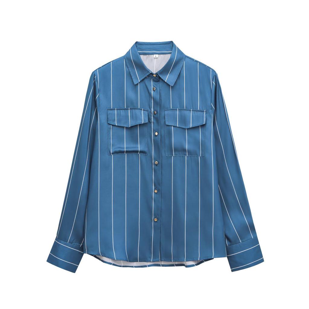 European & American 2025 Women's Silk Satin Color Block Striped Shirt - Long-Sleeved Niche Design for Spring & Autumn