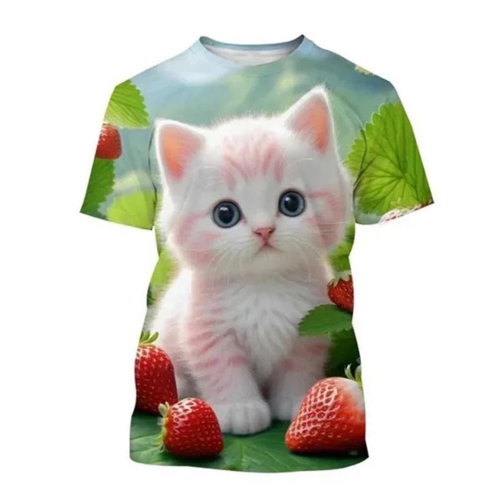 Fashion Korean Cute Cat Print Tees Children Girls Summer Clothes Kawaii Crew Neck