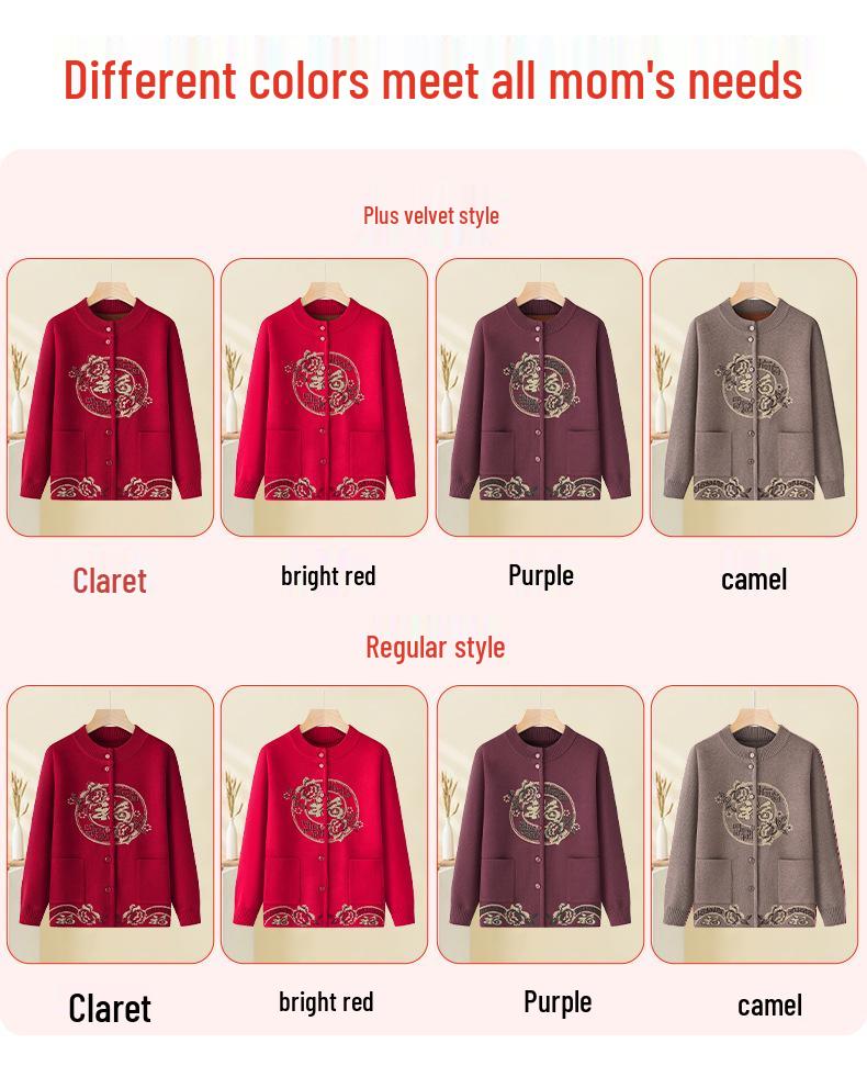 2025 New Style Tang Suit Plus Velvet Warm Sweater for Middle-Aged and Elderly Women