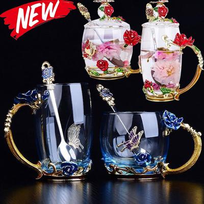 Beauty and Novelty Enamel Coffee Cup Mug Flower Tea Glass Cups for Drinks Tea Cup Spoon Set Perfect Wedding Gift