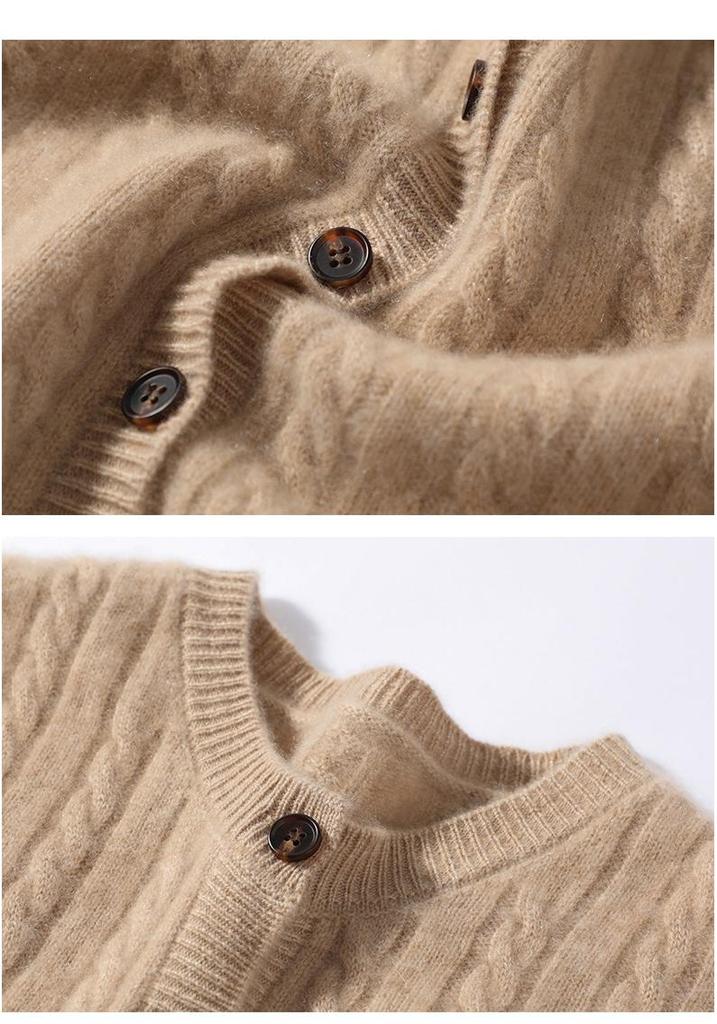 Women's Slimming Cable Knit Cashmere Cardigan - Long Sleeve, Warm, Round Neck, Single-Breasted