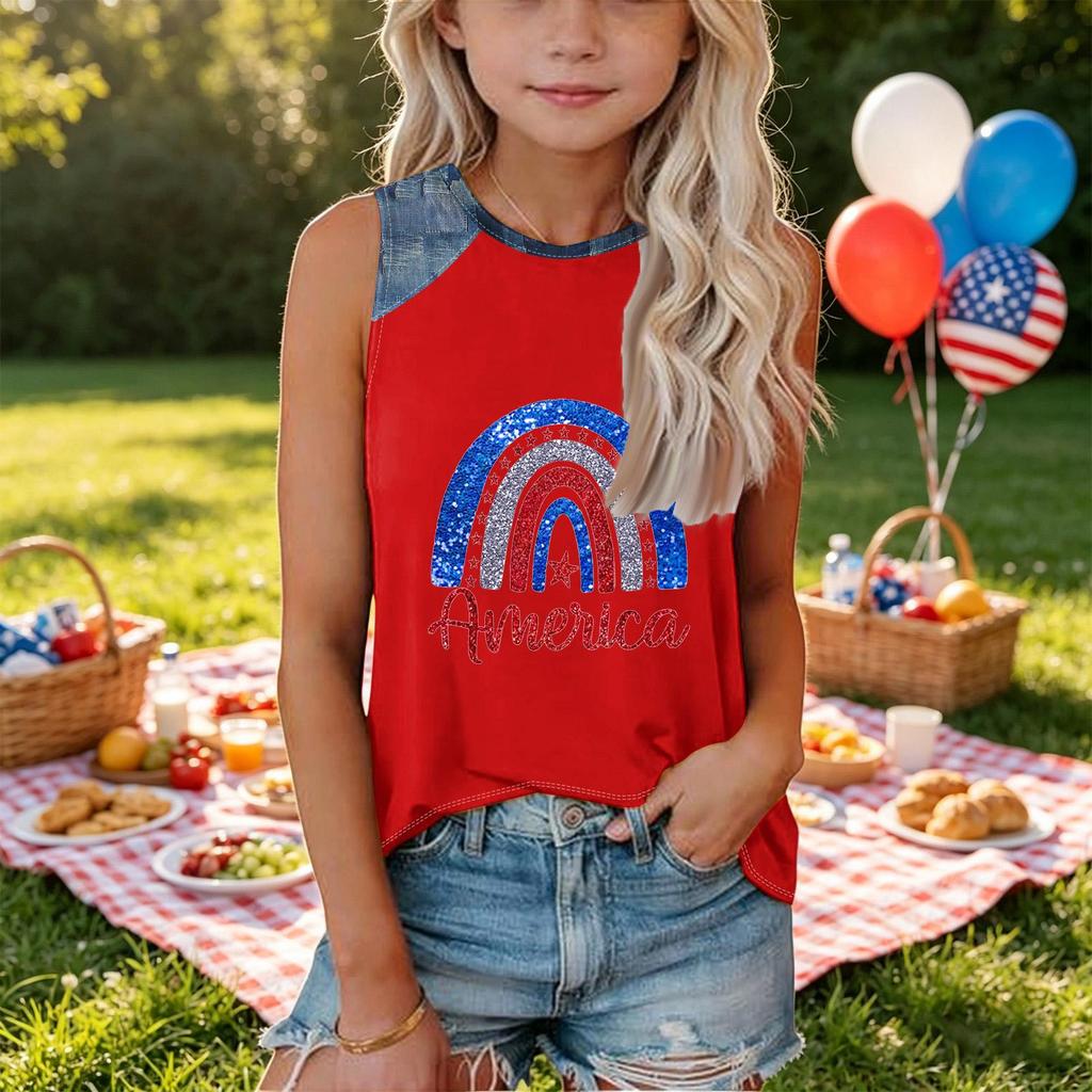 Girls Sleeveless Tank Top Loose Fit Round Neck T Shirt Independence Day Denim Print Casual Summer Tee for Kids