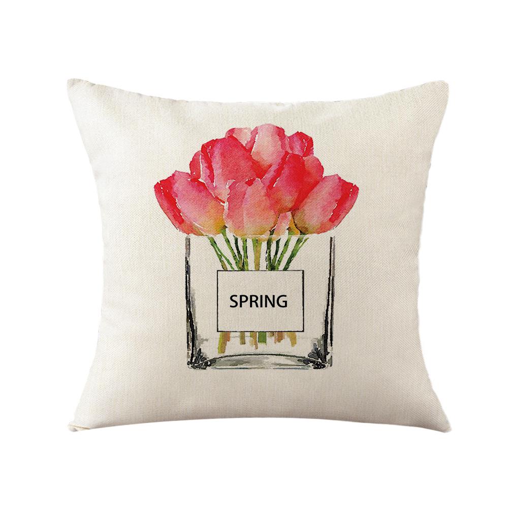 Pillow Linen Printed Pillow Cover Ins Plant Watercolor Printed Pillow Home Decoration Festival Fabric Cushion Bedside Backrest