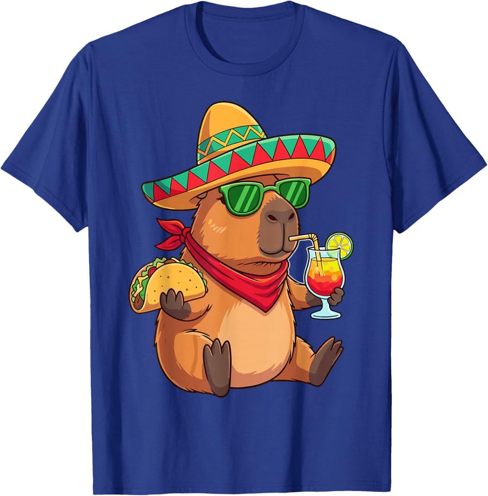 Capybara Sombrero Taco Drink Summer Fiesta Graphic Tee Shirt Casual Breathable Men