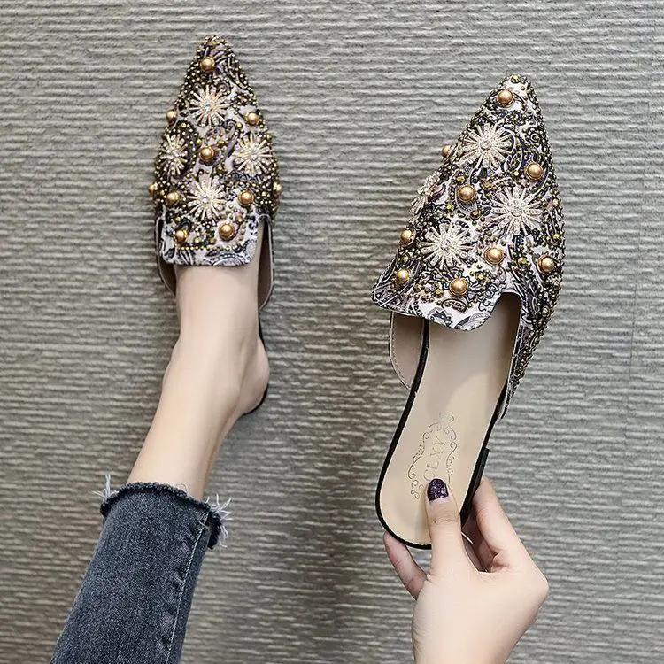 Fashion Pointed Toe Mules Slides Shoes For Women Tide Woman Slippers Multi Color Outside Flat Sandals Trend New Collection Sale Luxury Y