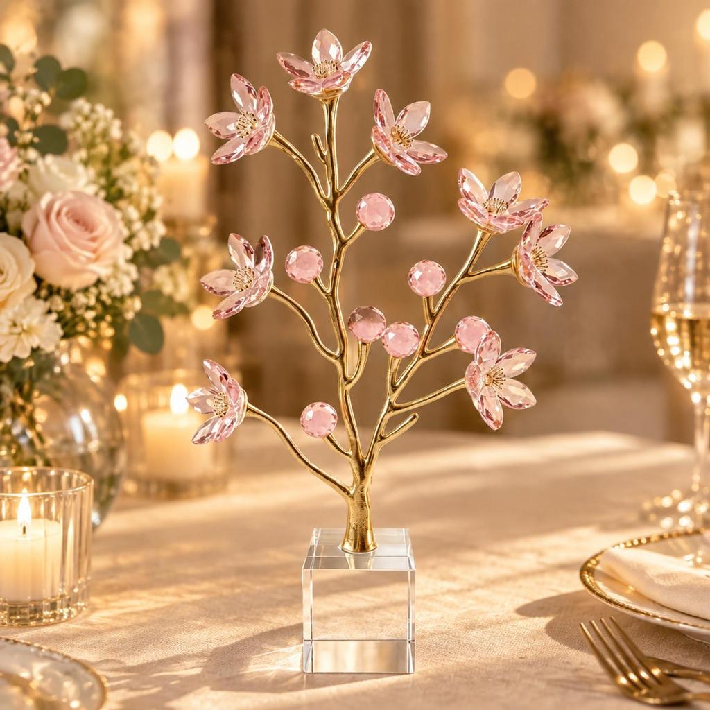 Crystal Blossom Tree Presentable Gold-Tone Metal with Square Base