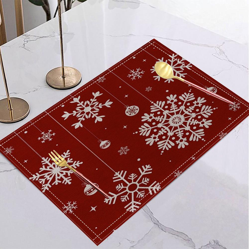 Christmas Red Linen Placemat Table Coffee Mat Spiral Tree Candy Cane Snowflake Stocking Let It Snow Merry Xmas Decor Kitchen