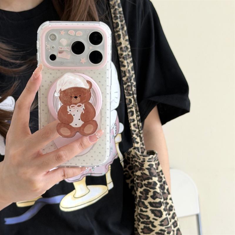 Japanese Korean Polka Dot Little Bear Sleep Cap Phone Case for iPhone 14-17/16 Pro Max.