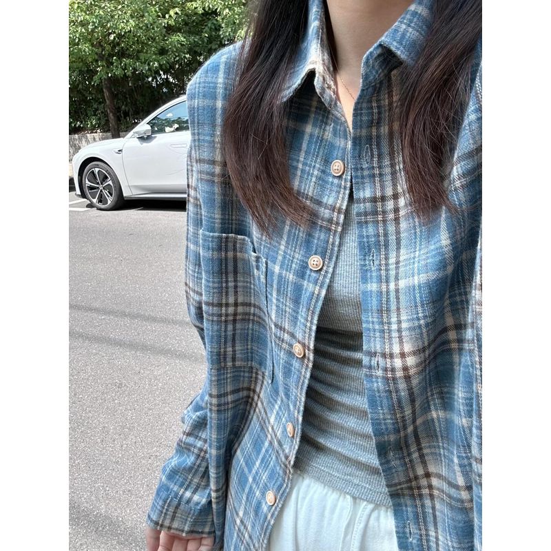 

Early Autumn Gingham Long Sleeves Outer Match Shirt Women Spring & Fall Loose Oversize Harajuku Style Casual All-Match Shirt Outwear Blue S