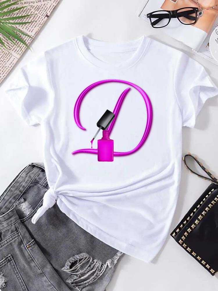 Maycaur Custom Name Letter Combination Fashion Women T-shirt Nail Polish Letter Font A B C D E F G Short Sleeve Tops Female Tees
