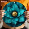 Round Metal Wall Art Sign 20cm Gold Teal Floral Pattern Decor for Cafe