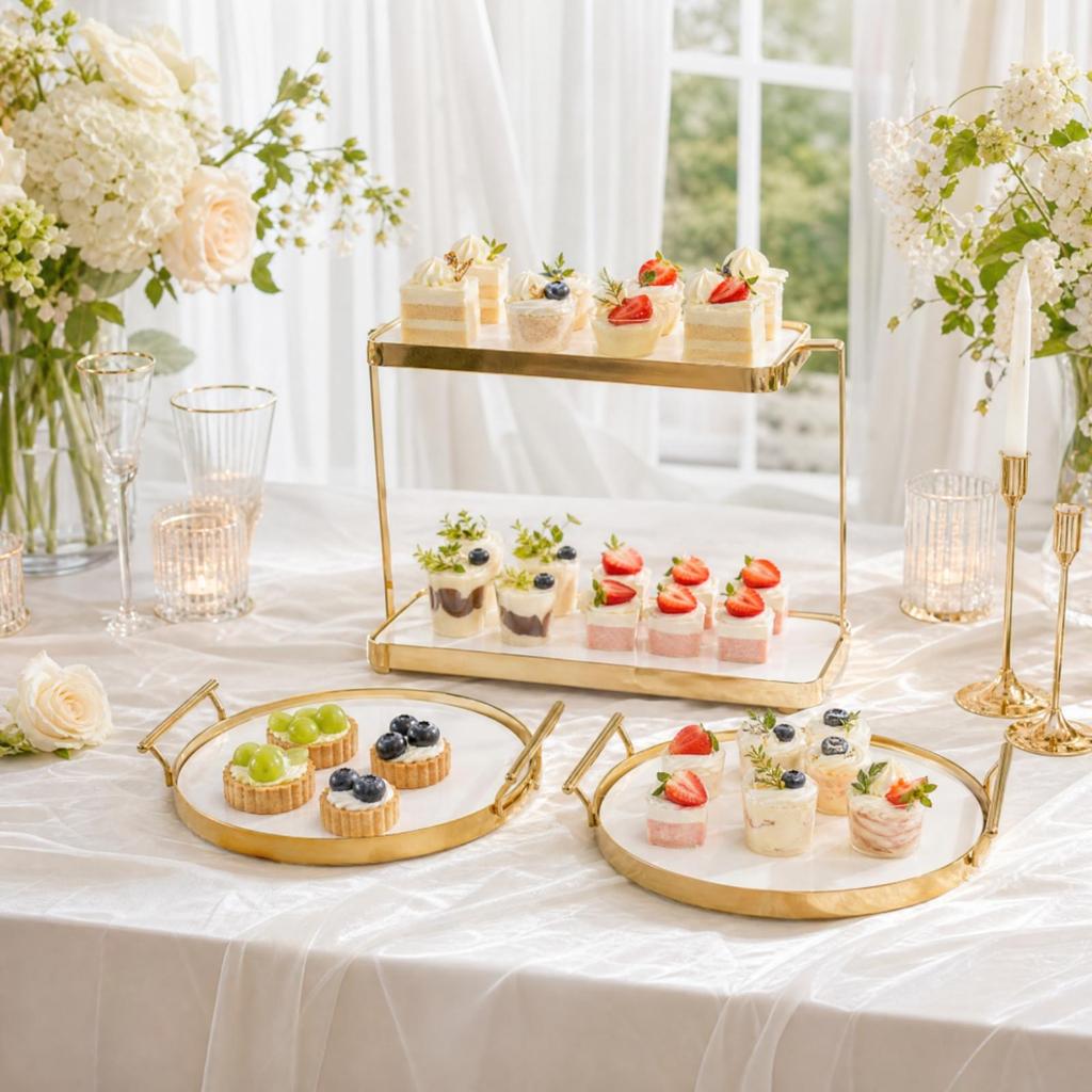 Ceramic Dessert Display with Gold Metal Frame Glossy for Afternoon Tea, Weddings