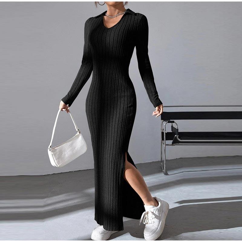 Women's Knit Dress Fall Casual Long Sleeve Lapel Collar Solid Color Bodycon Long Dresses Maxi for Female Going Out Streetwear