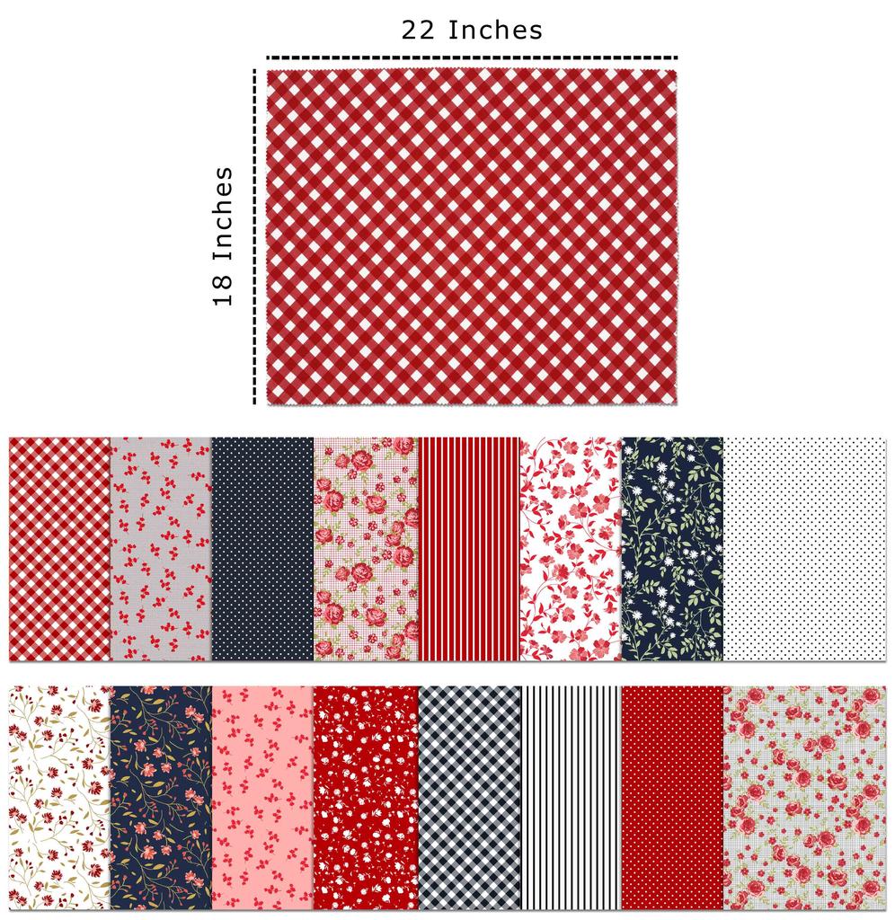 Soimoi 16-teiliges Fat Quarter Bundle - Blumenmuster mit geometrischem Druck 18"x 22" DIY Patchwork - 100 % Baumwolle, vorgeschnittener Quiltstoff, Rot-Blau &