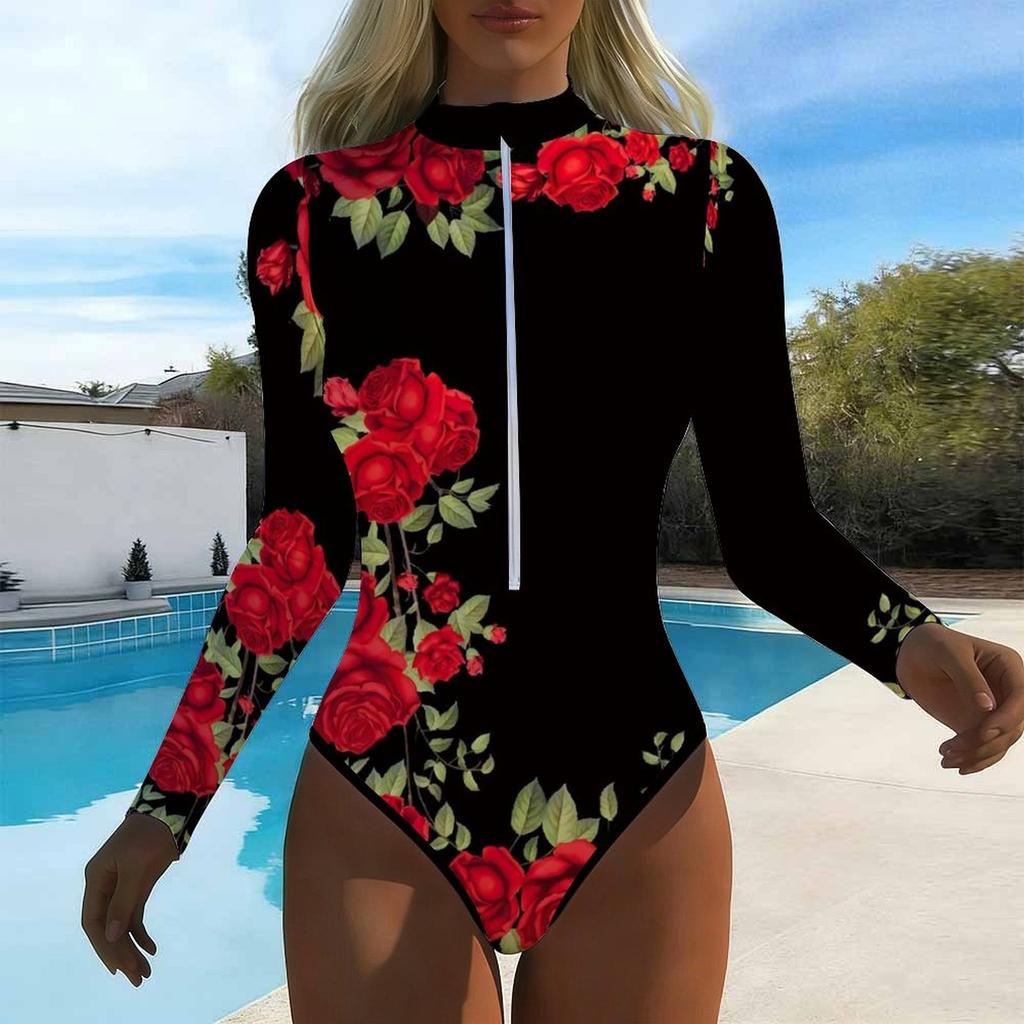 Women Long Sleeve One Piece Swimsuit Zip Front  Rose Flower  Print Rash Guard Surfing Bathing Suit