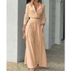 Women Casual Solid Color Long Sleeve Shirt High Waist Wide Leg Pants Two Piece Set