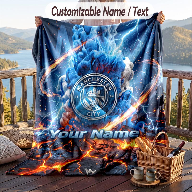 Flannel Blanket Manchester City Print Custom Name Text Soft Throw for Sofa Bed