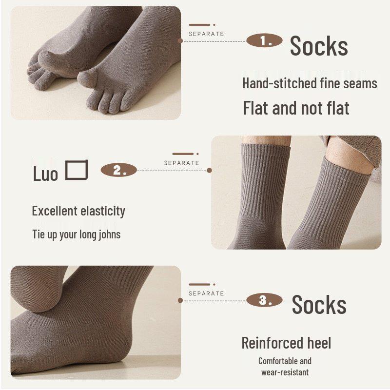 Men's Mid-Calf Five-Toe Sports Socks - Cotton, Anti-Odor, Sweat-Wicking, All-Season