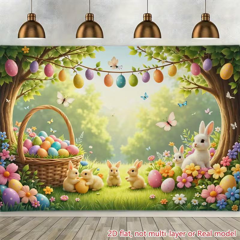 2D Easter Photo Booth Backdrop, Cute Bunnies & Floral Garden Photography Background 47.2x31.5inch/120*80cm