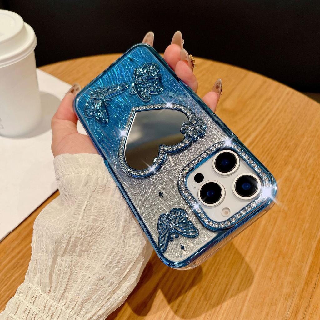 Sparkling Diamond Love Mirror for IPhone 16 Promax Phone Case for Apple 15 Water Ripple Gradient Soft Case