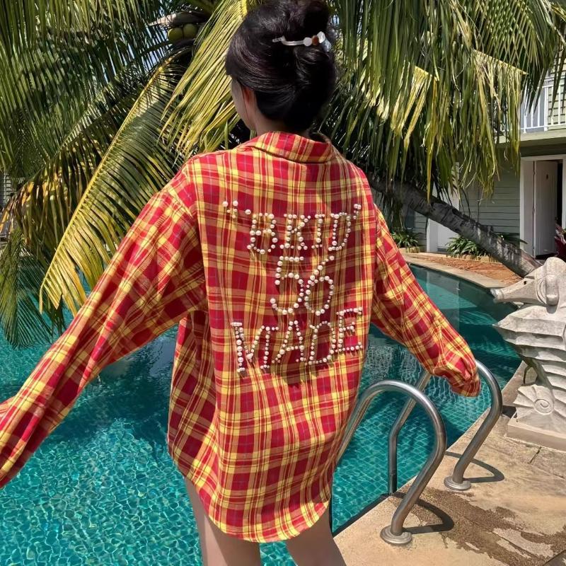 Women Letter Studded Checkered Shirts American Retro Long Sleeved Blouses Summer Fashion Sun Protection Lady Cardigan