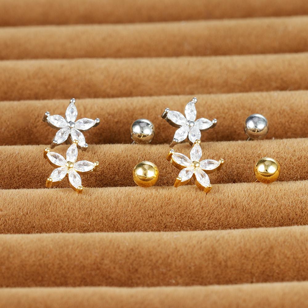 2PC Gold Color Small Crystal Flower Ear Studs Earring Stainless Steel Cartilage Daith Earring Tragus Helix Rook Piercing Jewelry