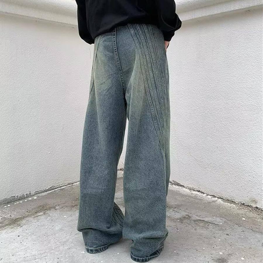American retro washed wide-leg jeans men's tide autumn loose straight drape pants design pants men