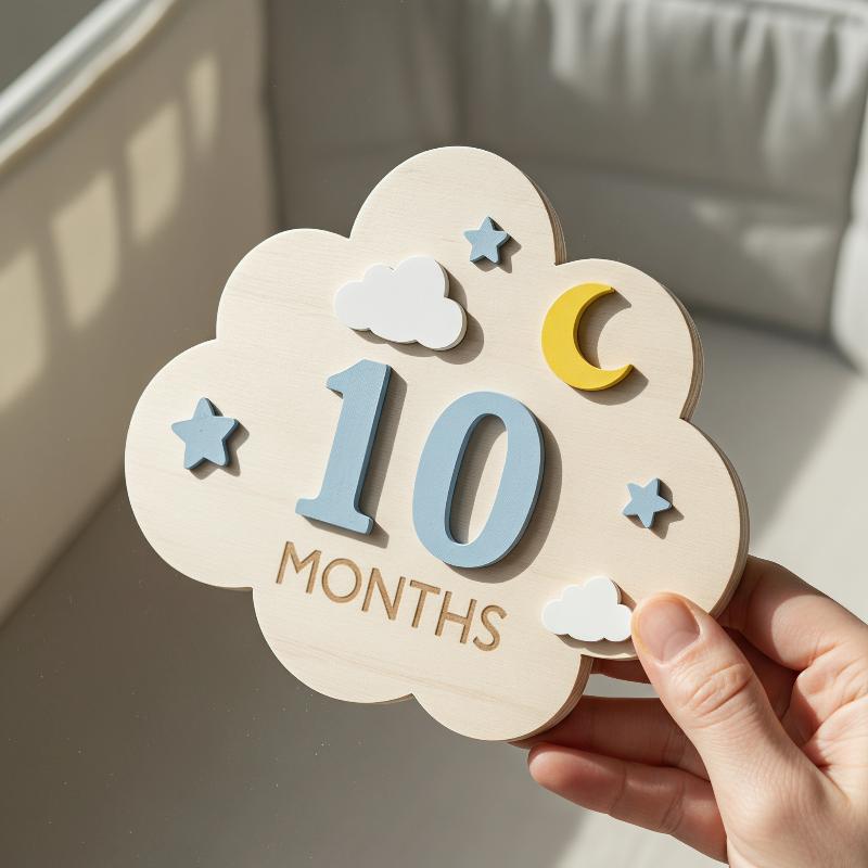 Natural Wood Baby Monthly Milestone Marker Kit Cloud Design Number Tiles for Newborn Photography Keepsake Baby Gift