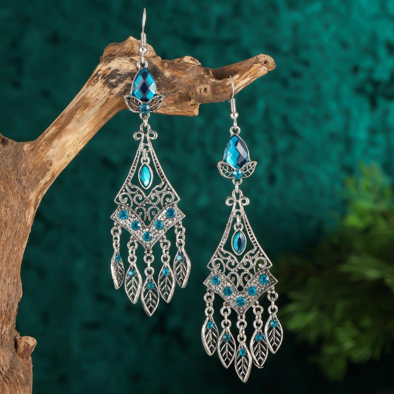 Bohemian Ethnisch Lang Blau Acryl Kristall Wassertropfen Ohrringe für Damen Retro Temperament Geometrisch Hängende Ohrringe Schmuck