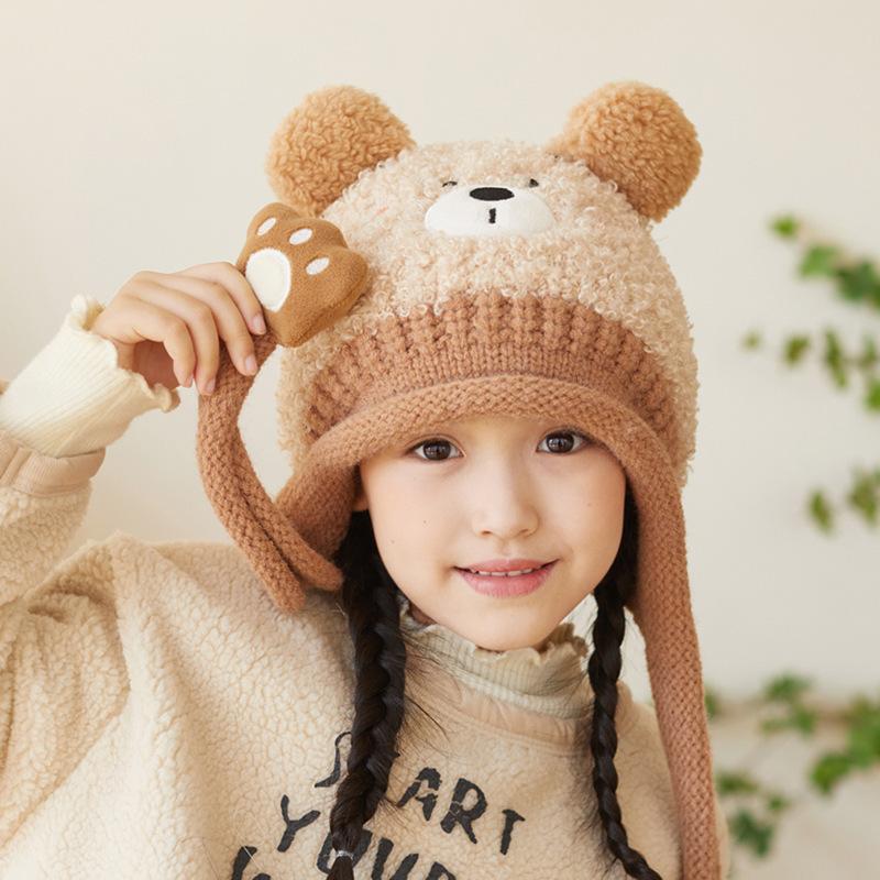 

New 2 in 1 Winter Kid Earmuffs Soft Fluffy Cartoon Panda Ear Protection Cap Windproof Warm Kid Knitted Cap бежевый