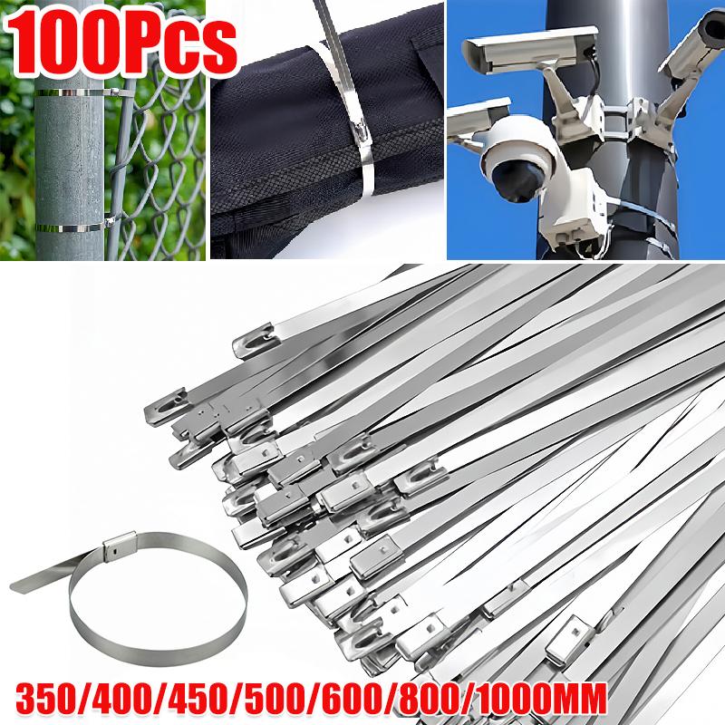 100PC/Bag 201 Stainless Steel Cable Tie Self-locking Bundling Wire and Cable Strap Heavy Duty Rust-proof Outdoor Fence