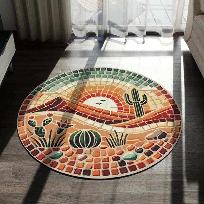 Wüstenlandschaft Runder Teppich Boho Heimdekoration Rutschfester Teppich Kaktus Sonnenuntergang Design Retro Westliches Rundes Matten für Wohnzimmer