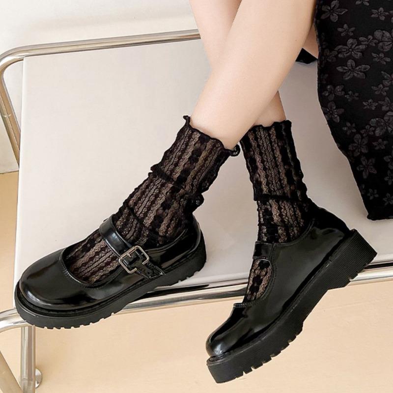 Female Summer Thin Style All Match Striped Lace Mesh Meat Through Calf Pile Socks